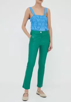 2NDDAY pantaloni de piele femei, culoarea verde, drept, high waist imagine