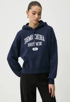 Abercrombie & Fitch bluza femei, culoarea albastru marin, cu gluga, cu imprimeu, KI152-4201 imagine