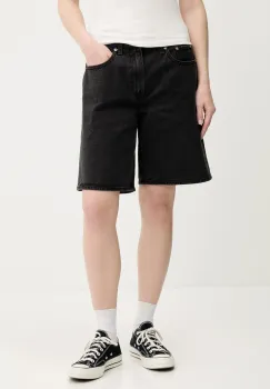 Abercrombie & Fitch pantaloni scurti jeans culoarea negru, uni, high waist, KI149-5120 imagine