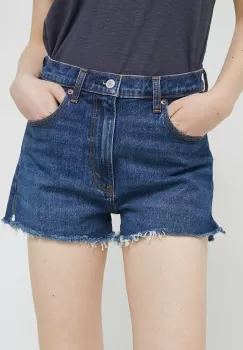 Abercrombie & Fitch pantaloni scurti jeans femei, culoarea albastru marin, neted, high waist imagine