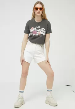 Abercrombie & Fitch pantaloni scurti jeans femei, culoarea bej, neted, high waist imagine