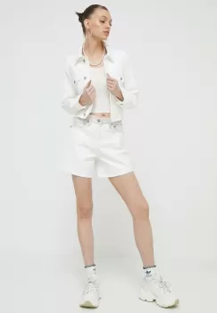 Abercrombie & Fitch pantaloni scurti jeans femei, culoarea bej, neted, high waist imagine