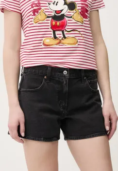 Abercrombie & Fitch pantaloni scurti jeans femei, culoarea negru, uni, high waist, KI149-5123 imagine