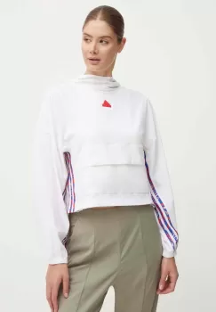 adidas bluza Express femei, culoarea bej, cu gluga, cu imprimeu, IW8634 imagine