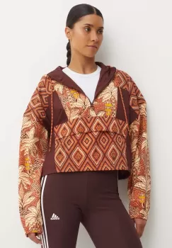 adidas bluza x Farm Rio femei, culoarea maro, cu gluga, modelator, IV9749 imagine