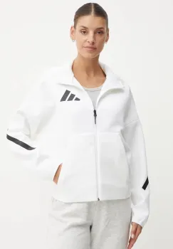 adidas bluza ZNE femei, culoarea alb, cu gluga, cu imprimeu, JE7849 imagine