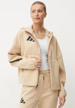 adidas bluza ZNE femei, culoarea bej, cu gluga, cu imprimeu, JD9594 imagine