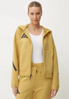 adidas bluza ZNE femei, culoarea galben, cu gluga, cu imprimeu, JE7854 imagine