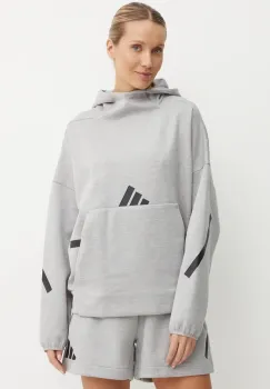 adidas bluza ZNE femei, culoarea gri, cu gluga, cu imprimeu, JD9592 imagine