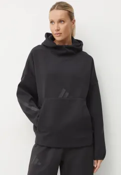 adidas bluza ZNE femei, culoarea negru, cu gluga, cu imprimeu, JE7860 imagine