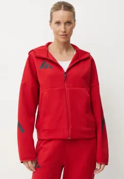 adidas bluza ZNE femei, culoarea rosu, cu gluga, cu imprimeu, JF8888 imagine