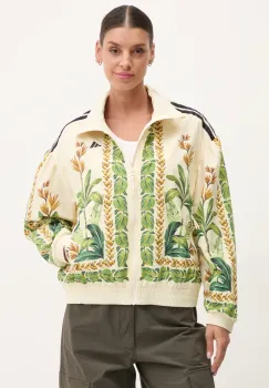 adidas geaca x Farm Rio femei, culoarea bej, de tranzitie, oversize, JD6304 imagine