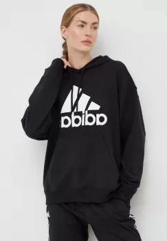 Adidas hanorac de bumbac femei, culoarea negru, cu gluga, cu imprimeu imagine