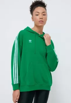 adidas Originals bluza 3-Stripes Hoodie OS femei, culoarea verde, cu gluga, cu imprimeu, IN8398 imagine