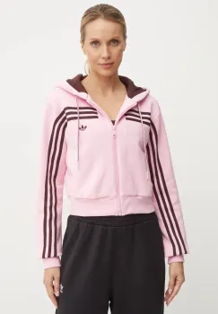 adidas Originals bluza 70s Short Fullzip Fleece Hoodie femei, culoarea roz, cu gluga, cu imprimeu, JN7665 imagine
