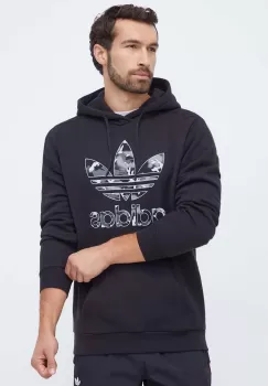 adidas Originals bluza barbati, culoarea negru, cu gluga, cu imprimeu imagine