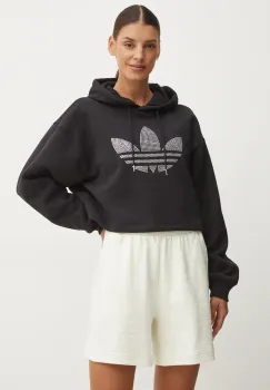 adidas Originals bluza Bling Hoodie femei, culoarea negru, cu gluga, cu imprimeu, IW5697 imagine