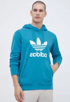 adidas Originals hanorac de bumbac barbati, culoarea turcoaz, cu gluga, cu imprimeu imagine