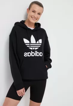 adidas Originals hanorac de bumbac femei, culoarea negru, cu gluga, cu imprimeu imagine