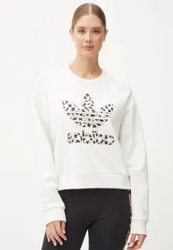 adidas Originals hanorac de bumbac Leopard Sweat femei, culoarea alb, cu imprimeu, IW8477 imagine