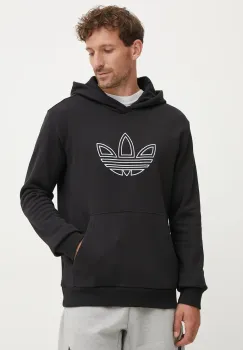 adidas Originals hanorac de bumbac Outline Hoodie barbati, culoarea negru, cu gluga, cu imprimeu, JJ1506 imagine