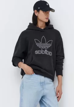 adidas Originals hanorac de bumbac Trefoil Hoodie barbati, culoarea negru, cu gluga, cu imprimeu, IU2373 imagine