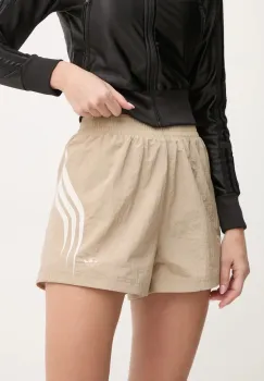 adidas Originals pantaloni scurti femei, culoarea bej, cu imprimeu, high waist, IY9238 imagine