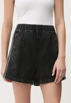 adidas Originals pantaloni scurti jeans Firebird femei, culoarea negru, cu imprimeu, high waist, JD3107 imagine