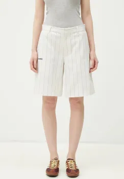 adidas Originals pantaloni scurti PINSTRIPE SHORT femei, culoarea bej, cu imprimeu, high waist, JC7684 imagine