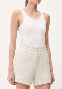 adidas pantaloni scurti Essentials Linear femei, culoarea bej, cu imprimeu, high waist, JD3170 imagine