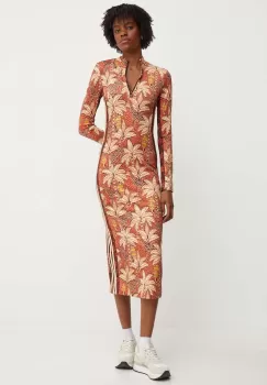 adidas rochie x Farm Rio culoarea portocaliu, midi, mulata, IV9735 imagine