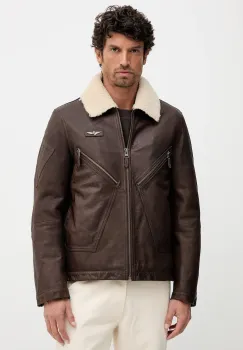 Aeronautica Militare geaca de piele culoarea maro, de tranzitie, PN0960UPL00304 imagine