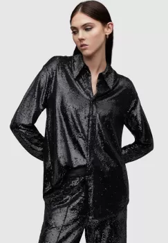 AllSaints camasa Charli femei, culoarea negru, cu guler clasic, relaxed imagine