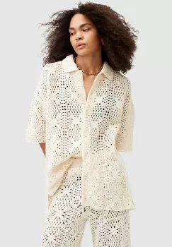 AllSaints camasa din bumbac MILLY TOP femei, culoarea bej, neted, W031KA imagine