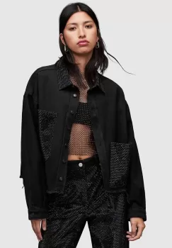 AllSaints camasa jeans Nicky femei, culoarea negru, cu guler clasic, relaxed imagine