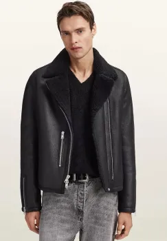 AllSaints geaca biker de piele CORREZ culoarea negru, de tranzitie, M022LD imagine