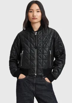 AllSaints geaca bomber de piele CARLY culoarea negru, de tranzitie, W013LD imagine
