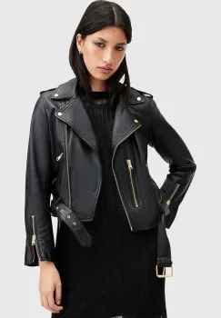 AllSaints geaca de piele BALFERN BIKER femei, culoarea negru, de tranzitie, W084LB imagine