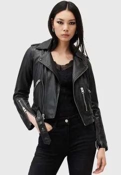 AllSaints geaca de piele BALFERN BIKER femei, culoarea negru, de tranzitie, W084LB imagine