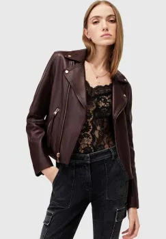 AllSaints geaca de piele DALBY BIKER femei, culoarea bordo, de tranzitie, W099LB imagine