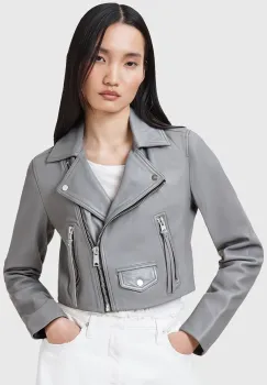 AllSaints geaca de piele ELORA culoarea gri, de tranzitie, W069LC imagine