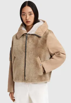 AllSaints geaca din piele intoarsa culoarea bej, de tranzitie, W062LD imagine