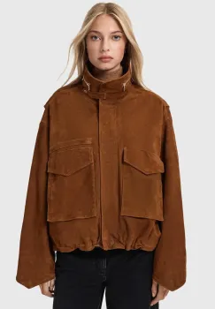 AllSaints geaca din piele intoarsa culoarea maro, de tranzitie, W087LD imagine