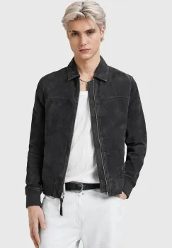 AllSaints geaca din piele intoarsa RASHFORD culoarea negru, de tranzitie, M015LC imagine