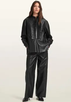 AllSaints pantaloni de piele ASH culoarea negru, lat, high waist, W028TD imagine