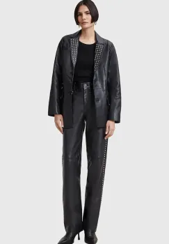 AllSaints pantaloni de piele SAIGE femei, culoarea negru, drept, high waist, W031TC imagine