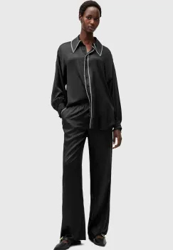 AllSaints pantaloni din amestec de matase CHARLI culoarea negru, lat, high waist, W010TB imagine