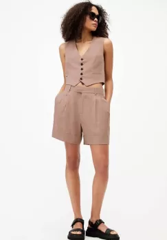 AllSaints pantaloni scurti din amestec de in DERI LYN culoarea maro, neted, medium waist, WT027Y imagine