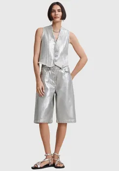 AllSaints pantaloni scurti din bumbac LOUIE culoarea argintiu, uni, high waist, W068EC imagine