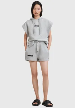 AllSaints pantaloni scurti din bumbac SORRI culoarea gri, cu imprimeu, high waist, W053TC imagine